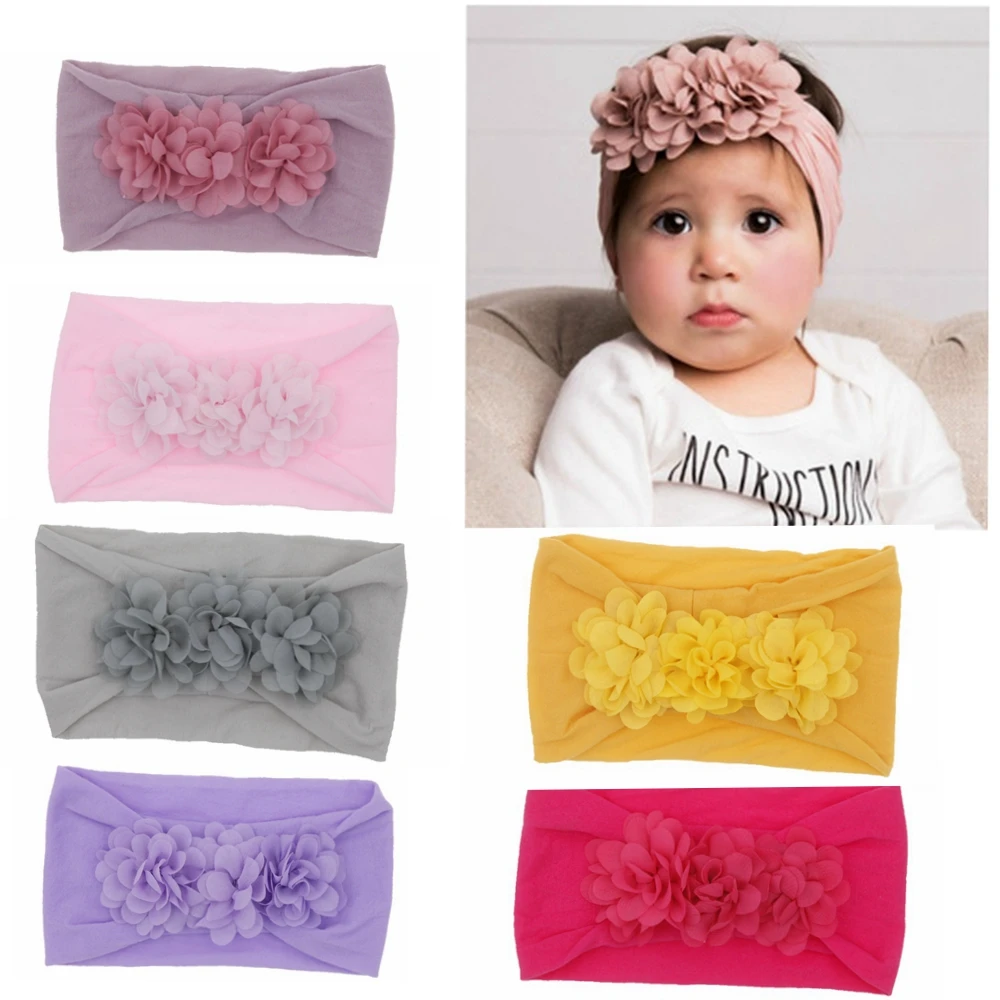 Baby Gear - ที่คาดผมเด็กผู้หญิง ผ้าชีฟอง ลายดอกไม้ ผ้าโพกศีรษะแบบยืดได้ สำหรับเด็กเล็ก เด็กวัยหัดเดิน