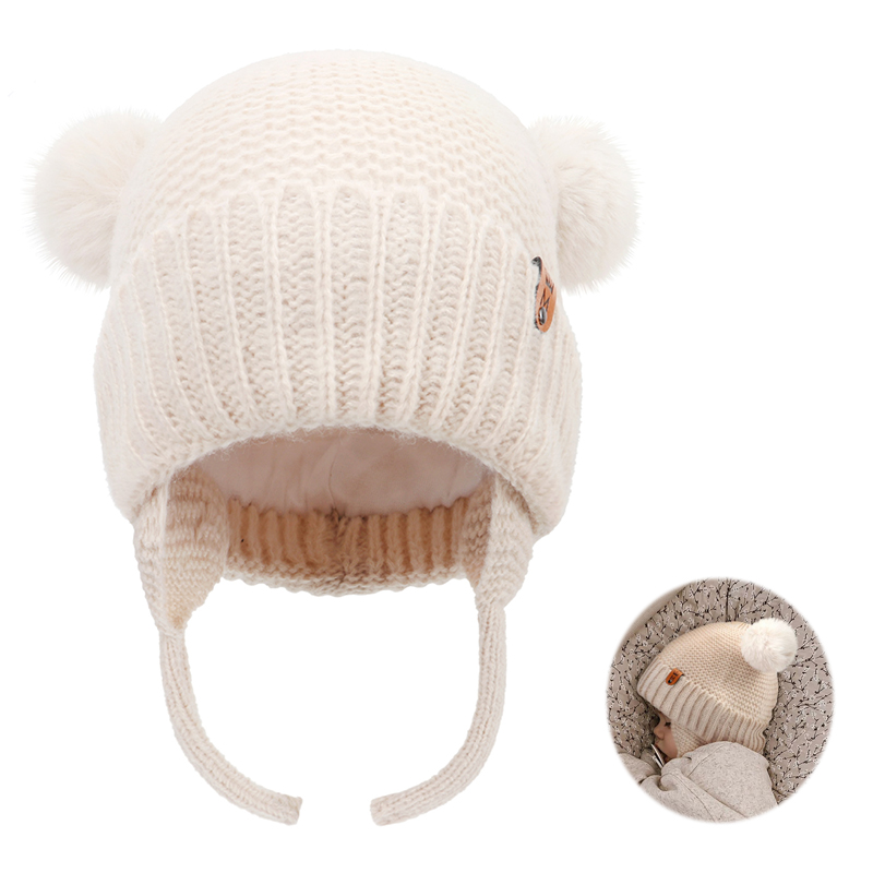 Infant Beanie Hat With Ears - หมวกไหมพรมเด็กน่ารัก ตกแต่งพู่ขนปุย ป้องกันหู หมวกเด็กฤดูหนาว หนานุ่ม อุ่นสบาย