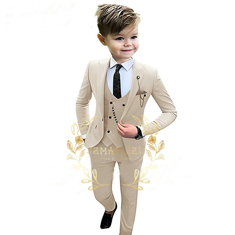 Baby Boy Suit Set Baptism - เด็ก Beige Blazer เสื้อกั๊กกางเกง3PCS ชุดเด็ก Baptism