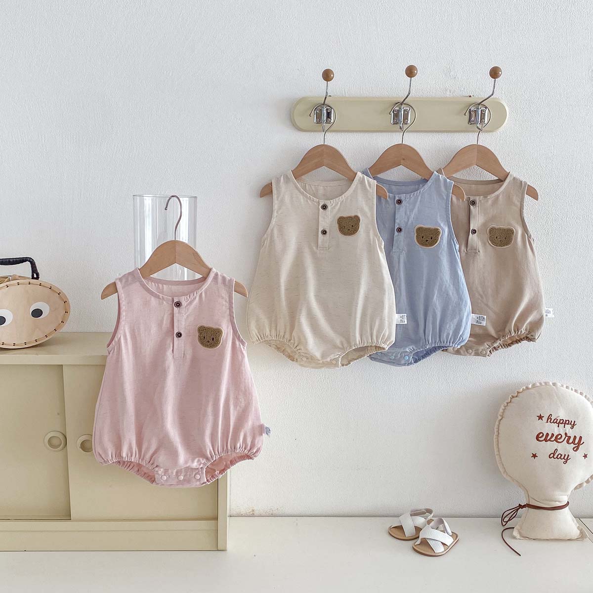 Baby Summer Linen Sleeveless Jumpsuit - ชุดจั๊มสูทแขนกุดลายหมีสำหรับเด็กทารก, ชุดจั๊มสูทลายหมีน่ารักสำหรับเด็กผู้ชาย, เหมาะสำหรับสวมใส่ทั้งในบ้านและนอกบ้าน