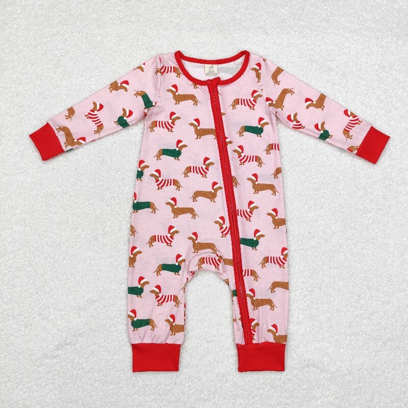 Cotton Baby Onesies Zipper - ชุดรอมเปอร์เด็กผู้ชายลายไม้ไผ่ 8.21y พร้อมหมวกคริสต์มาส สีฟ้าลายลูกสุนัข ซิปยาว แขนยาว