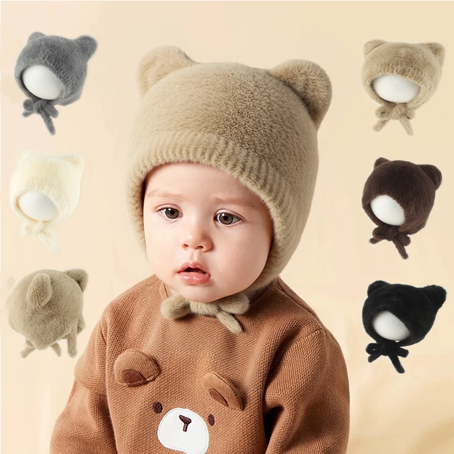 Infant Beanie Hat With Ears - น่ารักการ์ตูนเด็กถักหมวกฤดูหนาวทารกปุยป้องกันหูสีทึบหูแมวเด็กเด็กผู้หญิงหมวก 0-3 ปี