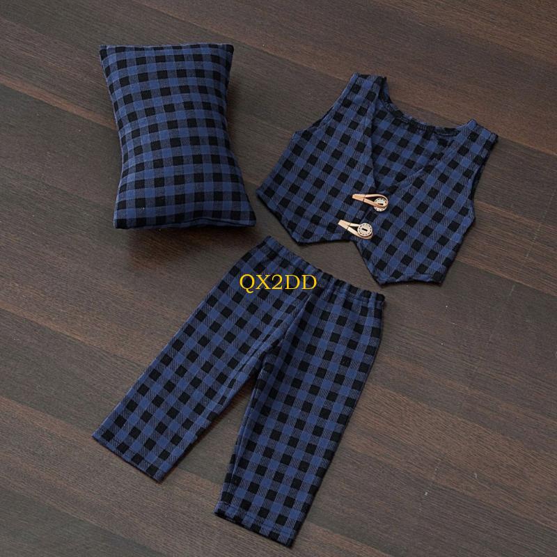 Infant Photography Props Outfit - QX2D Checkered หมอนกางเกงและชุดเสื้อกั๊กการถ่ายภาพเด็ก Props เด็กถ่ายภาพชุดทารกสุภาพบุรุษทารกของขวัญอาบน้ำ