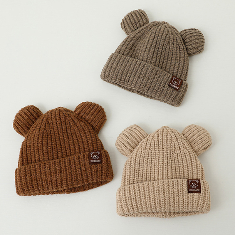 Infant Beanie Hat With Ears - หมวกไหมพรมเด็กอ่อนลายการ์ตูนหูหมี สำหรับเด็กผู้หญิงและเด็กผู้ชาย สีพื้น หมวกบีนนี่เด็กวัยหัดเดิน อายุ 6