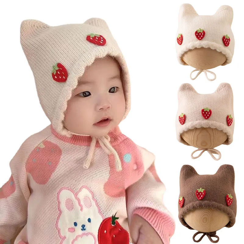 Infant Beanie Hat With Ears - หมวกเด็กผู้หญิงสำหรับฤดูใบไม้ร่วงและฤดูหนาวใหม่ หมวกบีนนี่น่ารักลายสตรอว์เบอร์รี่สำหรับเด็กทารก หมวกเด็กวัยหัดเดิน หมวกไหมพรมอุ่นๆ สำหรับเด็กผู้หญิง