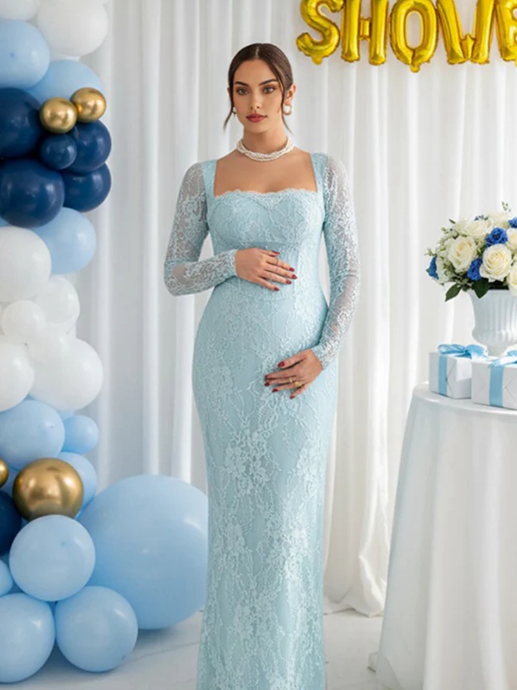 Maternity Wear - ชุดเดรสลูกไม้สำหรับถ่ายภาพคนท้อง แขนยาว ซีทรู ชุดแม็กซี่หรูหรา ชุดคลุมท้องสำหรับงานเลี้ยงฉลองก่อนคลอด งานเปิดเผยเพศลูก