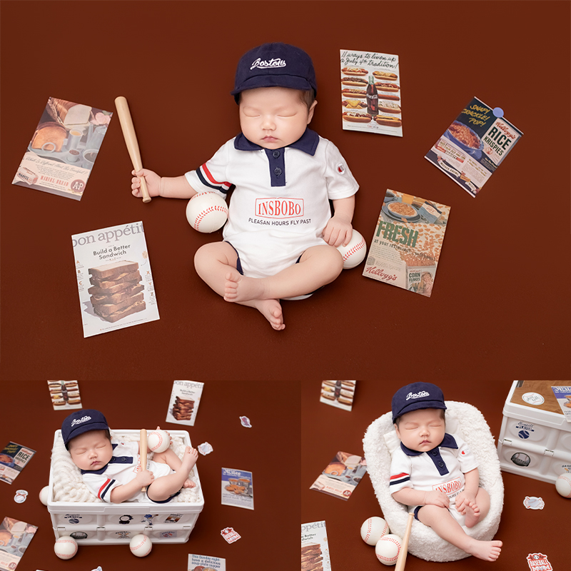 Infant Photography Props Outfit - ชุดถ่ายภาพทารกแรกเกิดธีมกีฬาเบสบอล ชุดรอมเปอร์แขนสั้น หมวกปักลาย อุปกรณ์ประกอบฉากถ่ายภาพในสตูดิโอสำหรับทารก